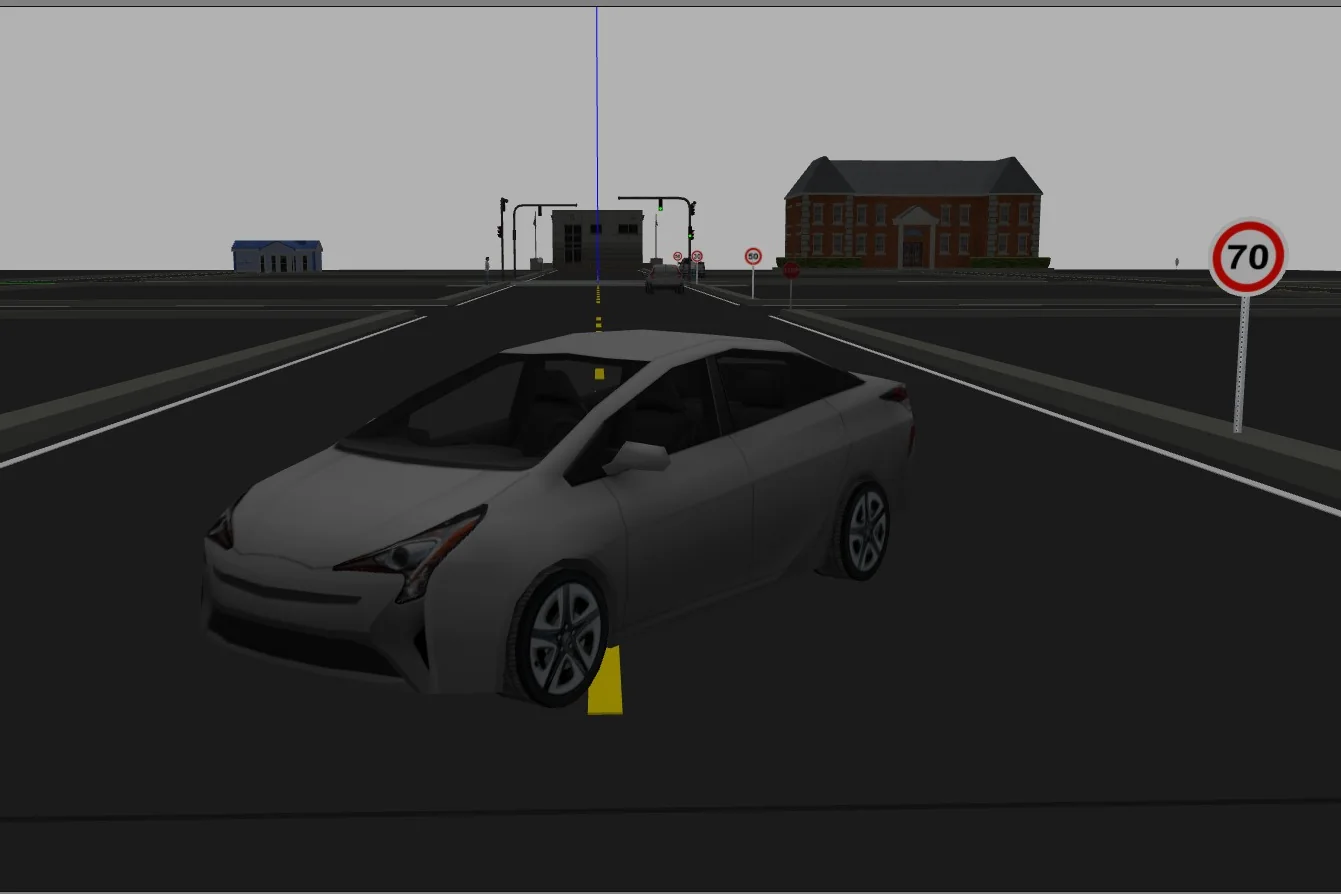 Gazebo otonom sürüş simülasyonunda bir kavşakta duran Toyota Prius modeli.